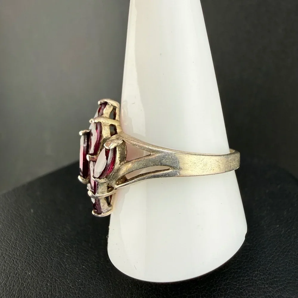 Vintage Avon Sterling Silver Ring Red Rhinestone Cluster Statement 925 Size 11